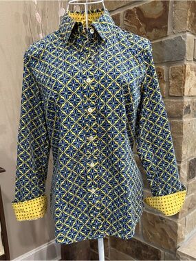Blue and Yellow Geometric Button-Up Shirt - Women's Top